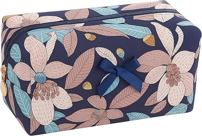 Floral Cotton Makeup Brush Cosmetic Bag for Women, Travel Quilted Zipper Pouch, Large Capacity Flowers Toiletry Organizer, Kawaii Makeup Storage Case, Cosmetic Travel Cloth Bag–Navy Big Floral