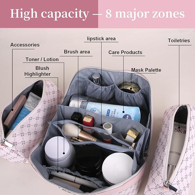 BOYATU Travel Makeup Bag Cosmetic Bags for Women: 3 Pcs Set Portable Make up Bag with Handle - Vegan Leather Toiletry Bags with Compartments - Makeup Organizer for Travel Essentials(A-2-Pink)