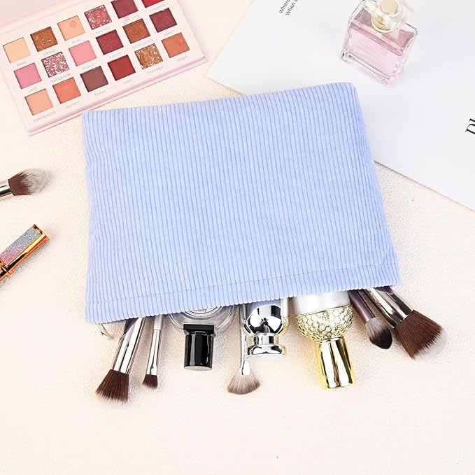 SOIDRAM 2 Pcs Corduroy Makeup Bag Large Cosmetic Bag Toiletry Bag Makeup Pouch Travel Bag Organizer Cute Makeup Brushes Aesthetic Accessories Storage Bag for Women Blue
