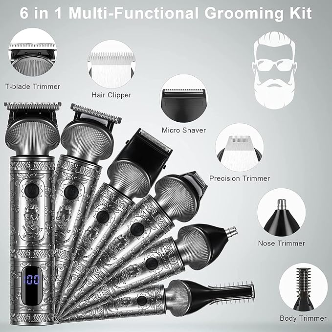 Hatteker Beard Trimmer Kit for Men Professional Hair Clipper T-Blade Beard Hair Shaver Nose Trimmer Hair Cutting Kit Body Grooming Kit Cordless 6 in 1