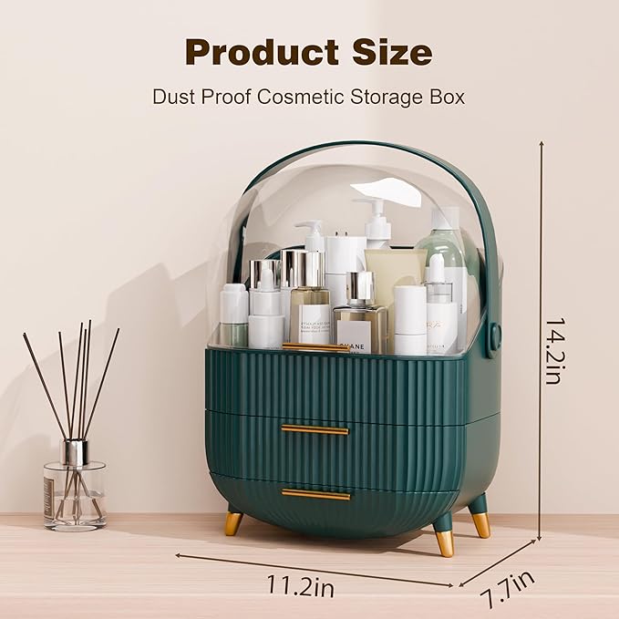 Makeup Organizers and Storage Make up Organizer for Vanity Cosmetics Skincare With Lid and Drawers Display Cases for Countertop Bathroom Women Teenager Girl Gifts(Dark Green)