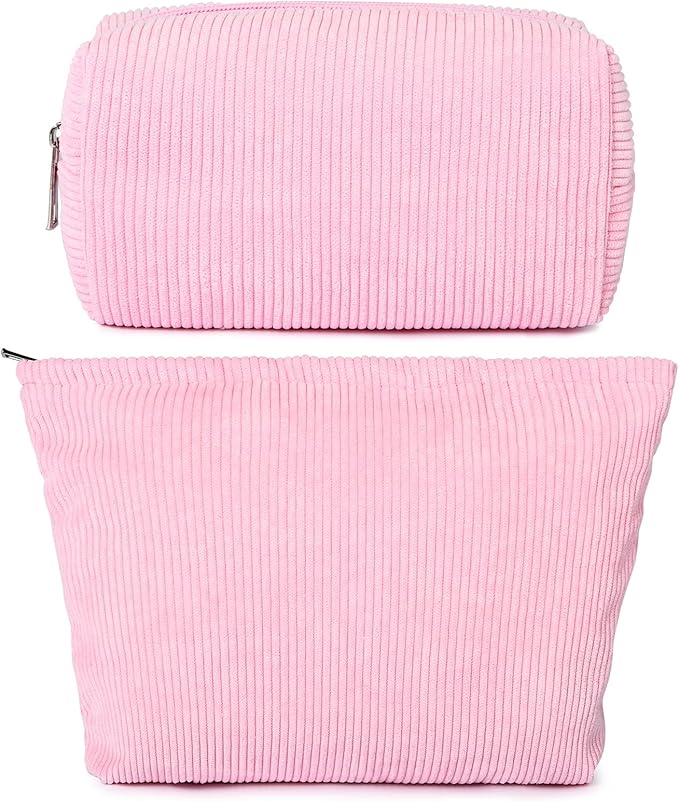 SOIDRAM 2 Pieces Makeup Bag Large Corduroy Cosmetic Bag Capacity Canvas Mix Travel Toiletry Bag Organizer Cute Makeup Brushes Aesthetic Accessories Storage Bag for Women,Corduroy Mix Hot Pink