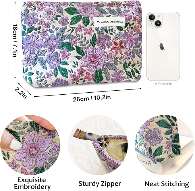 STARDW Aesthetic Floral Makeup Bag Cute Small Cosmetic Bags for Women Girls, Travel Toiletry Bag Large Capacity Zipper Makeup Pouch, Purse Organizer Pouches (Purple Florals)
