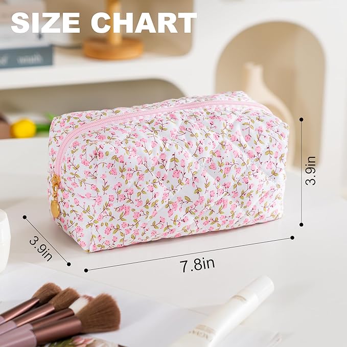 Makeup Bag Travel Toiletry Bag for Women, Small Cosmetic Bags Cute Quilted Cotton Makeup Pouch for Purse Emergency Bag for School Floral Pencil Case Accessory Bag, Pink
