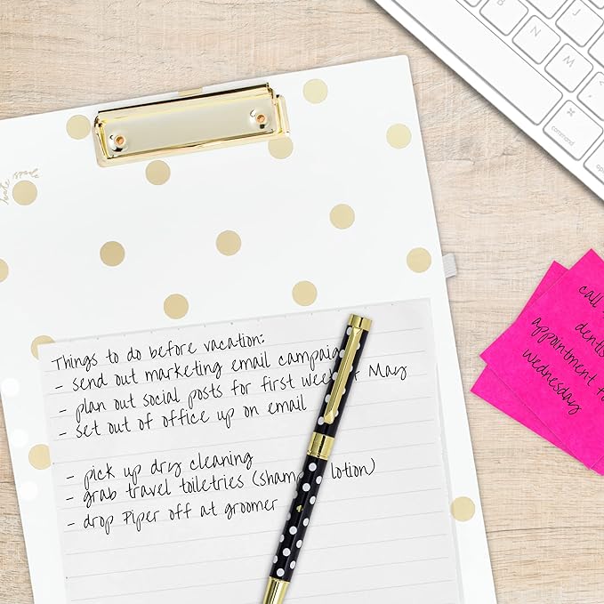 Kate Spade New York A4 Clipboard Folio with Low Profile Clip, Professional Padfolio Includes Lined Notepad, Pen Loop, and Pocket, Gold Dot with Script
