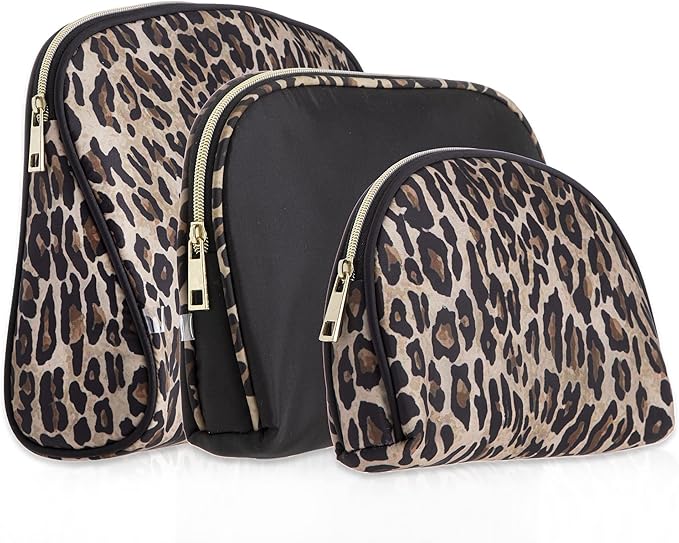 3 Pc Cosmetic Bag Set, Purse Size Makeup Bag for Women,Toiletry Travel Bag, Makeup Organizer,Cosmetic Bag for Girls Zippered Pouch Set, Large, Medium, Small (Brown and Black Leopard)