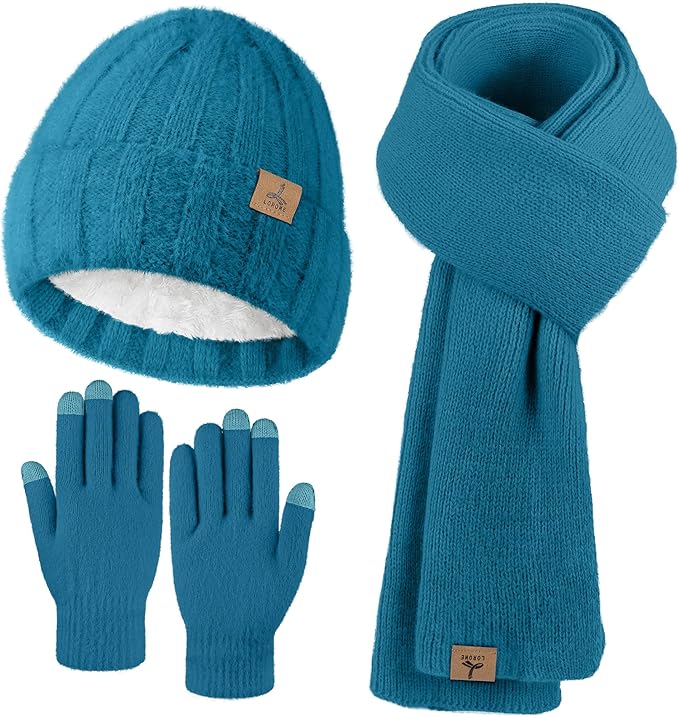 Winter Beanie Hat Scarf Gloves, Warm Fleece Knit Hat Long Scarf Neck Warmer Touch Screen Winter Gloves Set Gifts for Women