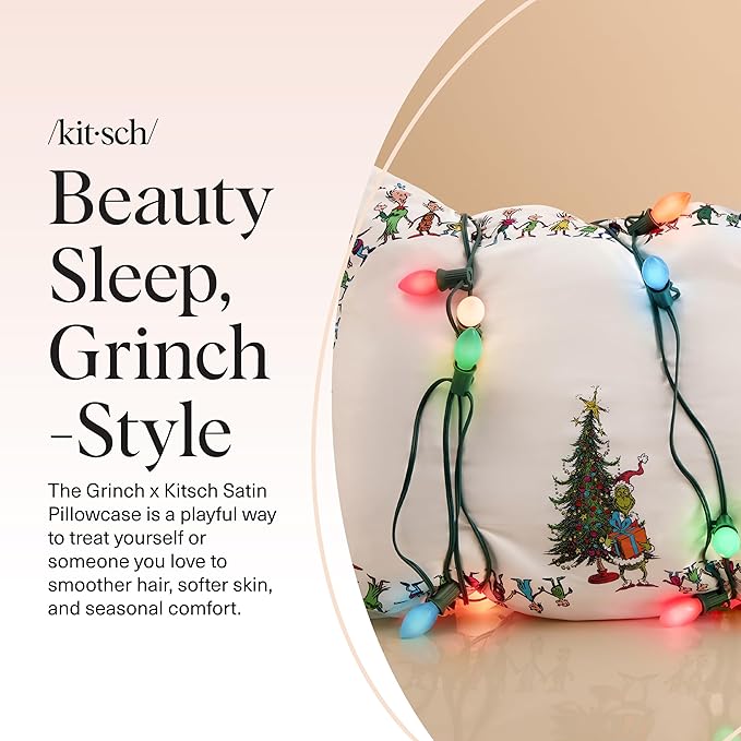 The Grinch x Kitsch Satin Pillowcase with Zipper for Hair & Skin - Softer Than Silk Pillow Cases, Smooth Cooling Pillow Cover, Wrinkle-Free, Machine Washable, Queen/Standard (19x26) - Who-Ville