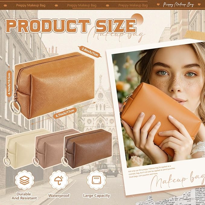 Chunful 24 Pcs Preppy Makeup Bag PU Leather Cosmetic Bag Bulk Makeup Plain Pouch Waterproof Toiletry Purse for Women Traveling Preppy Pencil Case Travel Purse Cosmetic (Brown Series)