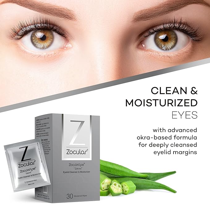 Zocular - Zocuwipe Eyelid Wipes with Natural Okra Complex - Eyelid Cleanser and Moisturizer Pads - Eyelid Cleansing Wipes - Blepharitis Treatment - 40ct
