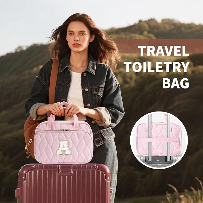 YOOLIFE Hanging Toiletry Bag Makeup Bag for Women Girls, Initial Toiletry Bag Cosmetic Bag, Personalized Birthday Gifts for Women Teen Girls Letter Pink A