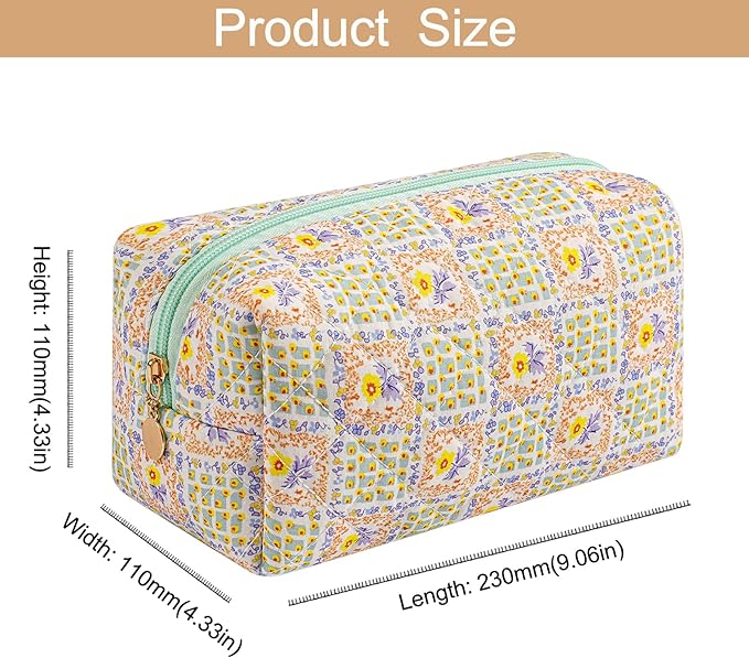 Makeup Bag Travel Cosmetic Bag for Women Girls, Zipper Make Up Pouch, Floral Flowers Toiletry Organizer Makeup, Portable Storage Bag, Cosmetic Travel Cloth Bag (Green Checkered Floral)