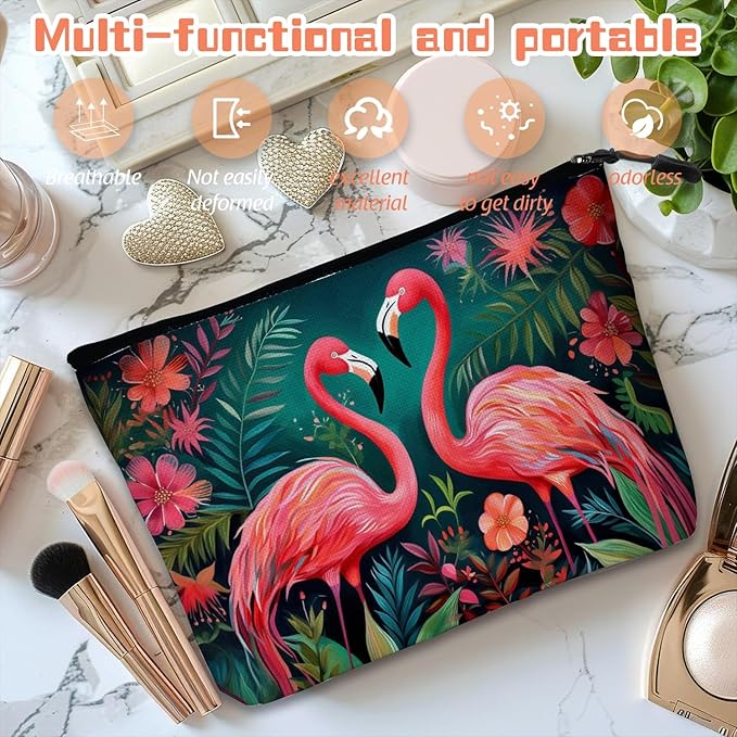 Cosmetic Bags Travel Makeup Toilet Case Waterproof Pouch for Women Girls 6.7X9.45inches - Two Flamingos in A Tropical Floral Setting