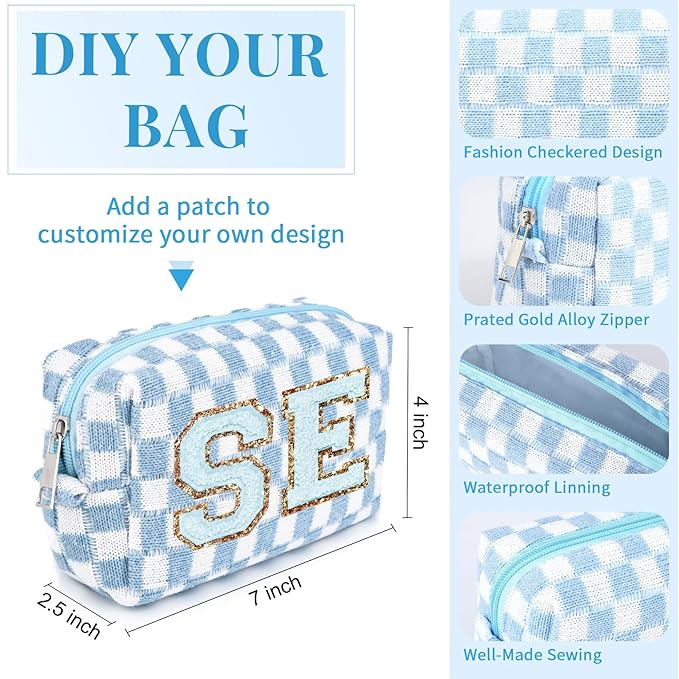 SOIDRAM Checkered Makeup Bag Preppy Cosmetic Bag Bulk Blue Makeup Pouch Personalize Travel Toiletry Bag Organizer Cute DIY Makeup Brushes Storage Bag for Women