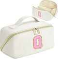 for Christmas Day Gifts, Makeup Bag for Women, PU Leather Travel Toiletry Bags, Initial Make Up Cosmetic Pouch for Teen Girls, Wide Open Portable Skincare Bag, Personalized Birthday Gifts, White Q
