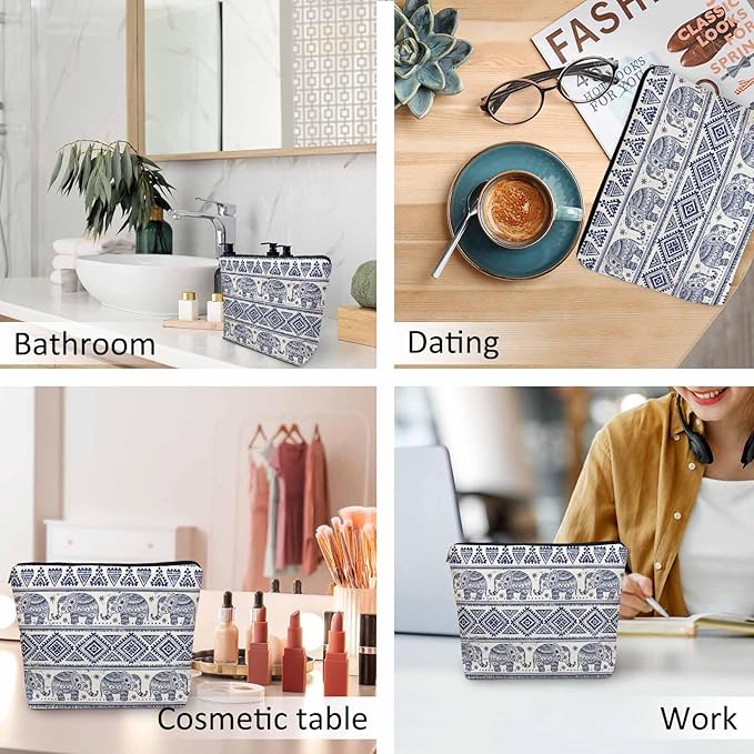 Elephant Cosmetic Bags For Women, Ethnic Geometric Elephant Roomy Makeup Bag Toiletry Bag Accessories Organizer Storage Bags Makeup Pouch For Travel Business Gym Camping Bathroom, Blue
