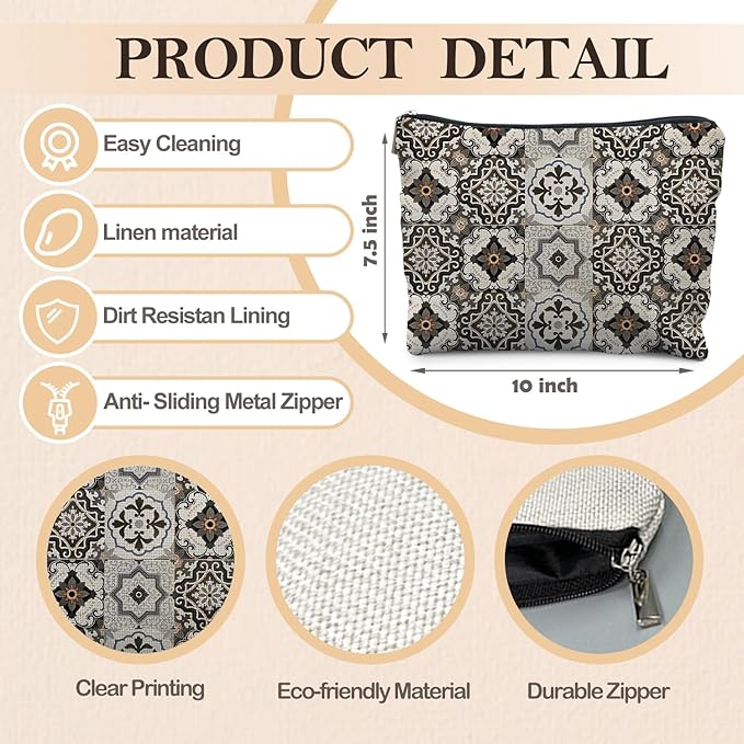 Vintage Boho Block Print Makeup Bag, Ethnic Moroccan and Mediterranean Tile Cosmetic Bags for Women, Mexican Gifts for Women, Boho Traditional Mandala Zipper Makeup Pouch