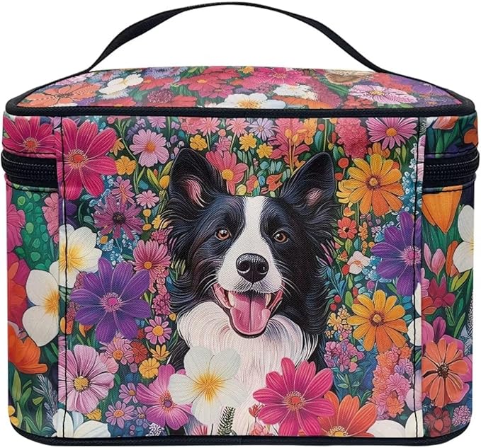 JoyLamoria Collie and Flower Cosmetic Bag Outdoor Travel Makeup Bag Cute Cosmetic Wallet Coin Purse for Teens