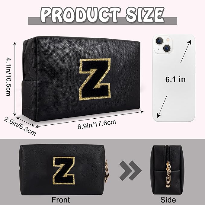 Small Initial Preppy Makeup Bag Cosmetic Case, Personalized Cute Black Chenille Letter Travel Toiletry Zipper Pouch, Waterproof PU Leather Make Up Organizer Gifts for Women Girl Female Mom(Letter Z)
