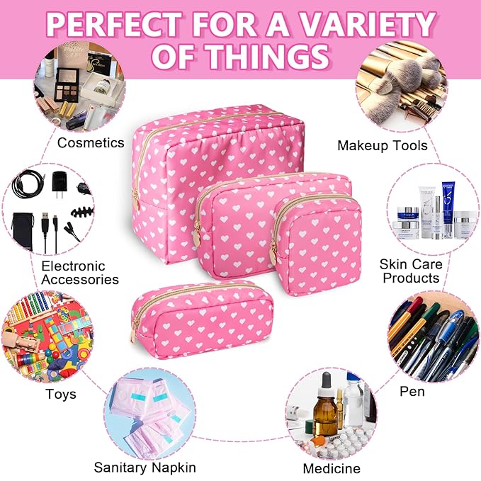 Mini Makeup Pouch for Purse， Small Cosmetic Bag Pouch Nylon Travel Toiletry Organizers for Women Girls, Cute Storage Zipper Pouch Coin Purse for School Work Camping(Mini-Pink Heart)