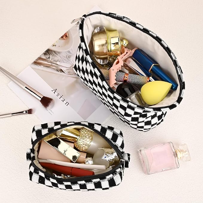 Travel Makeup Bag, Checkered Cosmetic Bag Make Up Organizer Case for Women, Small Toiletry Bag Skincare Pouch for Toiletries Accessories Brushes, 2PCS