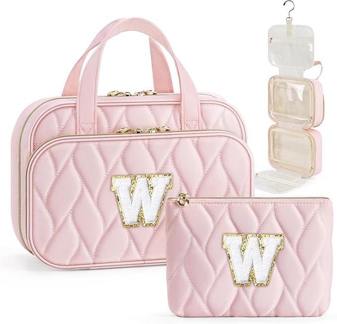 YOOLIFE Travel Toiletry Bag for Women - Hanging Toiletry Bag Makeup Bag, Portable Toiletries Travel Bag and Cosmetic Bag Essentials - Letter W Pink