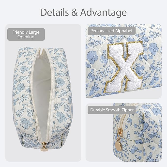 Gleyemor Personalized Initial Makeup Bag for Women, Cute Quilted Blue Floral Cotton Cosmetic Bag, Christmas Gifts for Her Mom Friend Sister Bridesmaid Teacher Women X