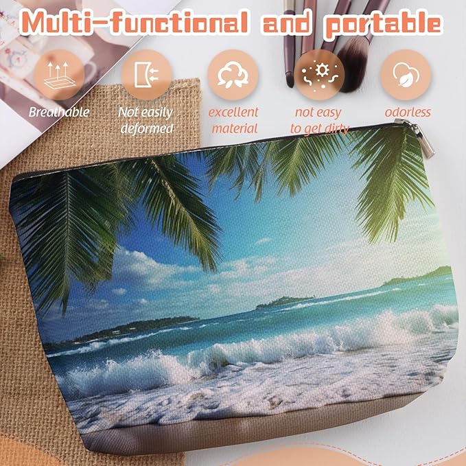 Makeup Bag Travel Cosmetic Bags Small Makeup Case Waterproof Zipper Pouch for Women Girls 7X9inches - Tropical Beach Scenery with Palm Trees