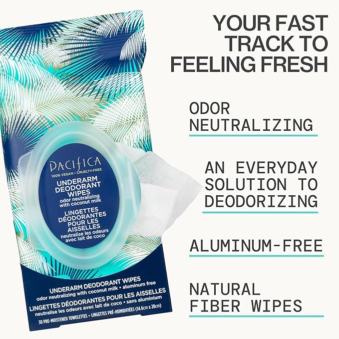 Pacifica Underarm Deodorant Wipes & Makeup Remover Face Wipes Bundle – Aluminum-Free Odor Control & Facial Cleansing Towelettes, 2-Pack (30ct Each, 60 Total) – Vegan, Cruelty-Free Travel Essentials