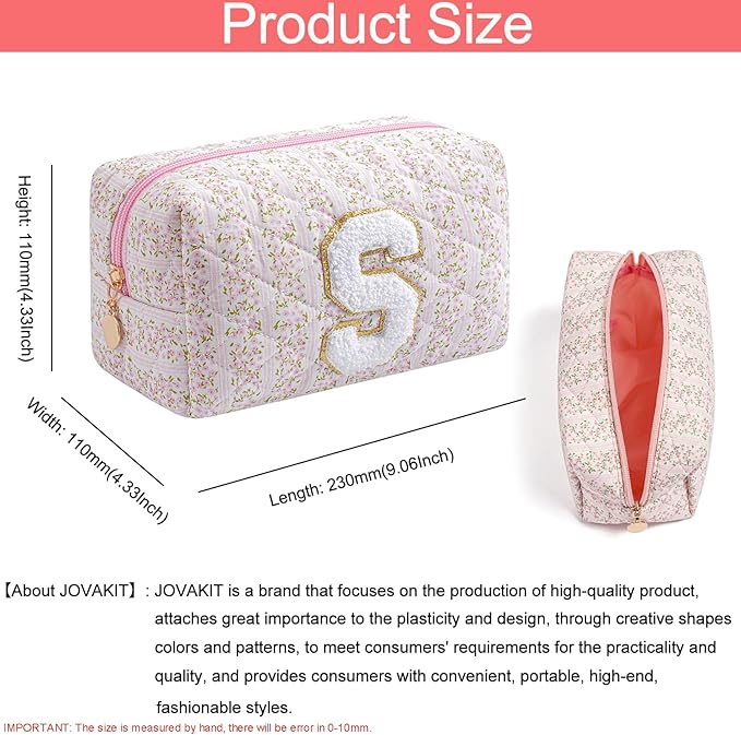 JOVAKIT Makeup Bag Cosmetic Bags for Women, Christmas Gifts for Girls Age 6-18, Alphabet Pink Floral Coquette Zipper Travel Makeup Pouch, Organizer Case Trendy Stuff (Pink+ Blue S)