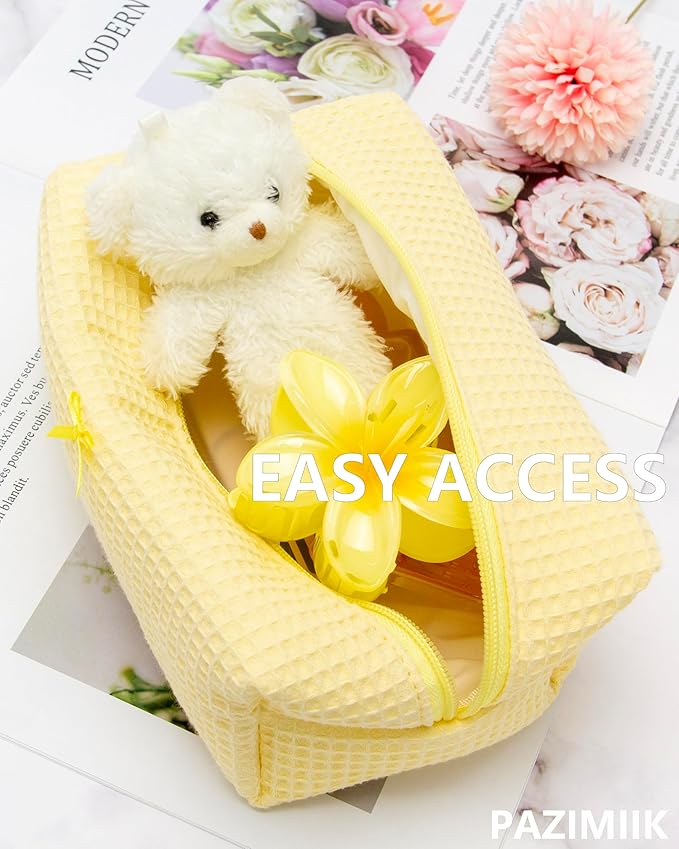 PAZIMIIK Cozy Makeup Bag Travel Cosmetic Bag for Women Soft Toiletry Bag Aesthetic Makeup Organizer Portable Large Zipper Pouch for Skincare Beauty Accessories Brushes Waffle Check Yellow