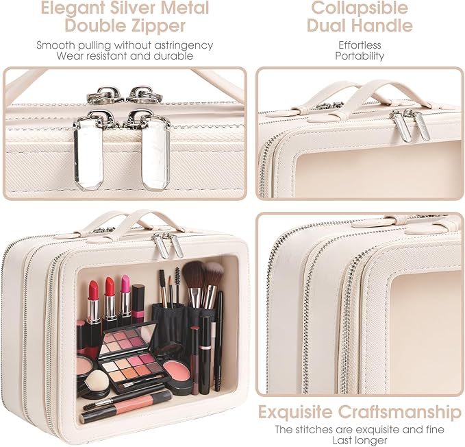 Clear Makeup Bag,Large Toiletry Case for Women,PU Leather Travel Cosmetic Bag,Detachable Makeup Case,Double Compartment Make up Organizer