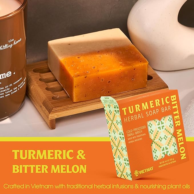 Turmeric & Bitter Melon 2-in-1 Luxurious Natural Soap Bar (4.2 oz) | Herbal Freshness & Gentle Refreshing Cleanse | Cold-Processed, Handmade in Vietnam (Pack of 1)