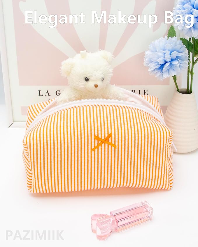 PAZIMIIK 6PCS Cozy Makeup Bag Small Aesthetic Travel Zipper Cosmetic Pouch for Women Make Up Beauty Accessories Brushes, Stripe Orange