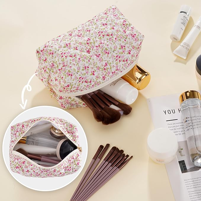 Makeup Bag Travel Toiletry Bag for Women, Small Cosmetic Bags Cute Quilted Cotton Makeup Pouch for Purse Emergency Bag for School Floral Pencil Case Accessory Bag, Spring