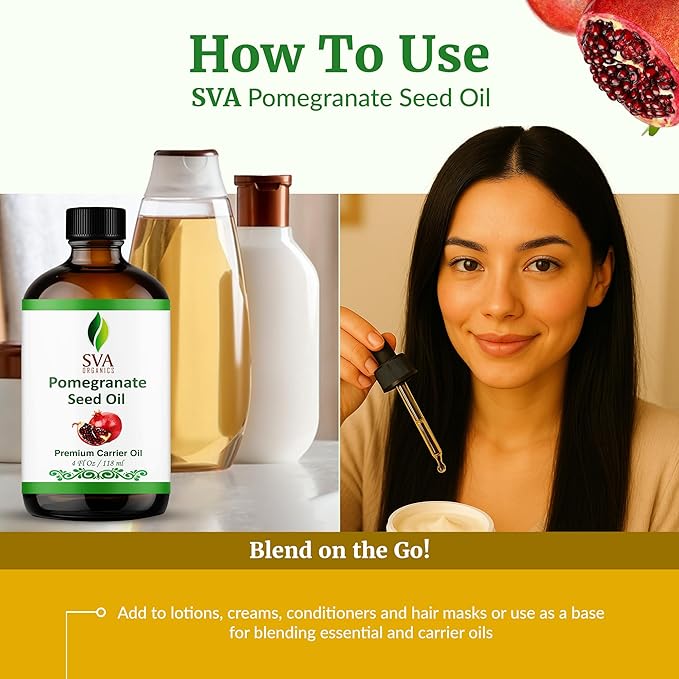 SVA Pomegranate Seed Organic - 4 Fl Oz – 100% Natural Cold Pressed Organic Pomegranate Oil - for Face, Skin Care, Hair Care, Scalp Massage & Body Massage – Carrier Oil with Dropper