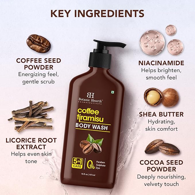 Botanic Hearth Coffee Tiramisu Body Wash, 5-in-1 Care Formula, Paraben & Sulphate Free, 16 fl oz (473 ml), Nourishing Body Cleanser with Invigorating Coffee Aroma