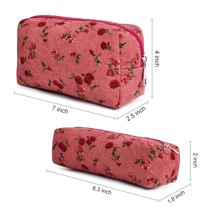 SOIDRAM Makeup Bag Floral Cosmetic Bag Cute Makeup Pouch 1Pcs Large Capacity Makeup Bags and 1Pcs Makeup Brushes Storage Bag Travel Toiletry Bag Organizer