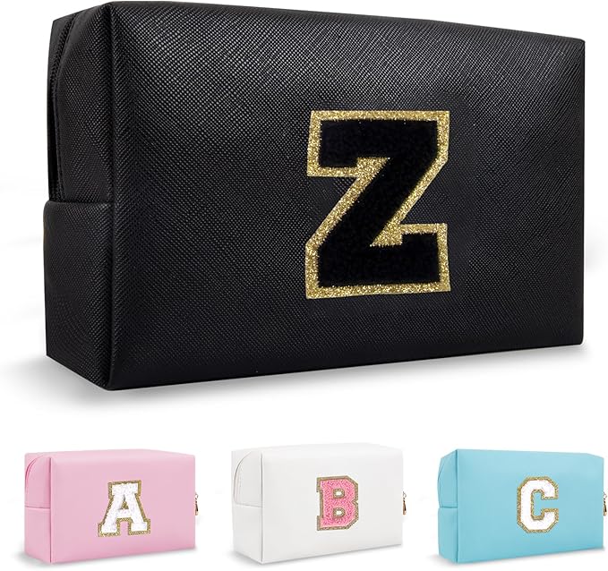 Small Initial Preppy Makeup Bag Cosmetic Case, Personalized Cute Black Chenille Letter Travel Toiletry Zipper Pouch, Waterproof PU Leather Make Up Organizer Gifts for Women Girl Female Mom(Letter Z)