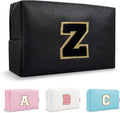 Small Initial Preppy Makeup Bag Cosmetic Case, Personalized Cute Black Chenille Letter Travel Toiletry Zipper Pouch, Waterproof PU Leather Make Up Organizer Gifts for Women Girl Female Mom(Letter Z)