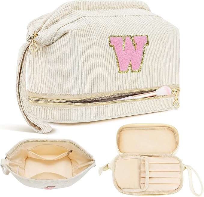Makeup Bag for Girls Gift, Personalized Christmas Gifts Initial Women Makeup Bag for Travel, Double Layer Cosmetic Bag with Brush Organizer Preppy Make up Bag for Teen Girl Trendy - W