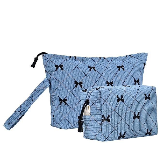 Small Cosmetic Bag set for Women Corduroy Makeup Bag with Interior Pocketes Cute Corduroy Makeup Pouches Women Small Toiletry Bag (Blue Bowknot)
