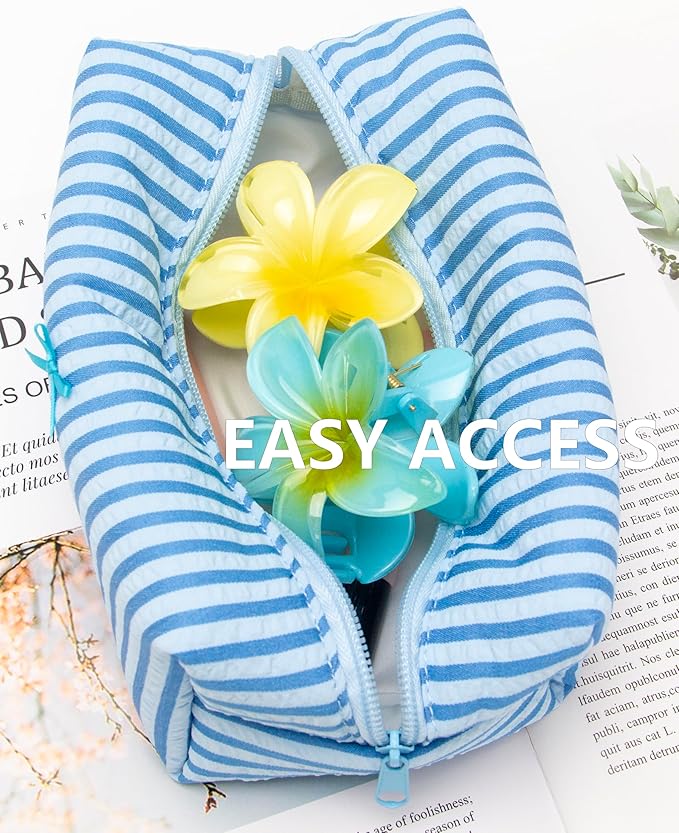 PAZIMIIK Cozy Makeup Bag Small Aesthetic Travel Zipper Cosmetic Pouch for Women Make Up Beauty Accessories Brushes, Stripe Lake Blue