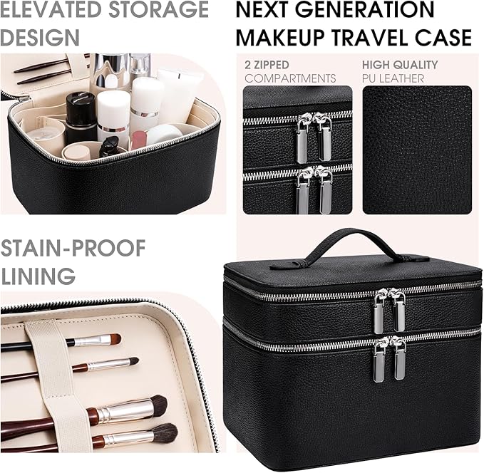 Makeup Case, Large Capacity Waterproof Double Layer Cosmetic Bag with Removable Divider, Double Compartment Brush Organizer, Multi-functional Travel Organizer