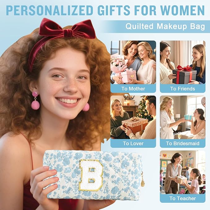 Personalized Quilted Cosmetic Bag, Puffy Monogrammed Christmas Birthday Gifts for Women & Girls, Cute initial Floral Makeup Bag Puffer Coquette Bag, Aesthetic Travel Toiletry Zipper Pouch(Blue,B)
