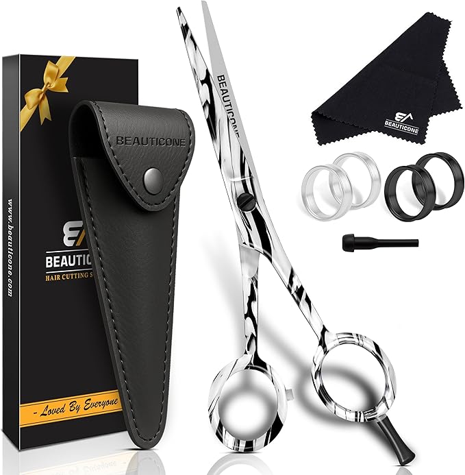 BEAUTICONE ® Hair Cutting Scissors - High Carbon SS 6.5" Professional Barber-Grade Salon Shears with Serrated & Razor Edge - Black Premium Gift Box with Leather Pouch & Extra Accs - Ultra Lightweight