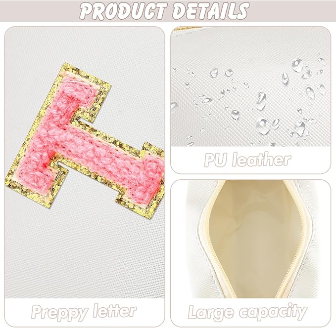 Initial Makeup Bag Personalized Preppy Travel Small Cosmetic Bag Cute PU White Chenille Letter Makeup Pouch for Purse Waterproof Zippered Toiletry Organizer for Women Girls Kids Friends (T)