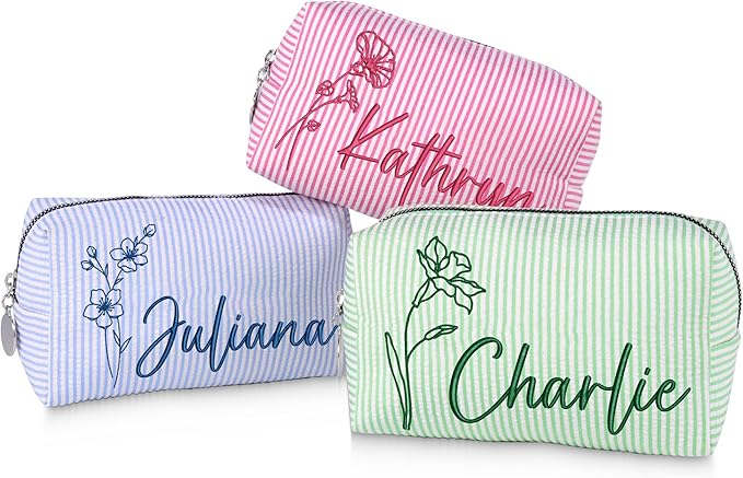 DayOfShe Personalized Makeup Bag Embroidered with Name&Birth Flower for Birthday Bridesmaids Gifts, Custom Seersucker Cosmetic Toiletry Bags Stocking Stuffers for Teen Girls Women Gifts