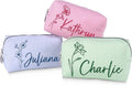 DayOfShe Personalized Makeup Bag Embroidered with Name&Birth Flower for Birthday Bridesmaids Gifts, Custom Seersucker Cosmetic Toiletry Bags Stocking Stuffers for Teen Girls Women Gifts