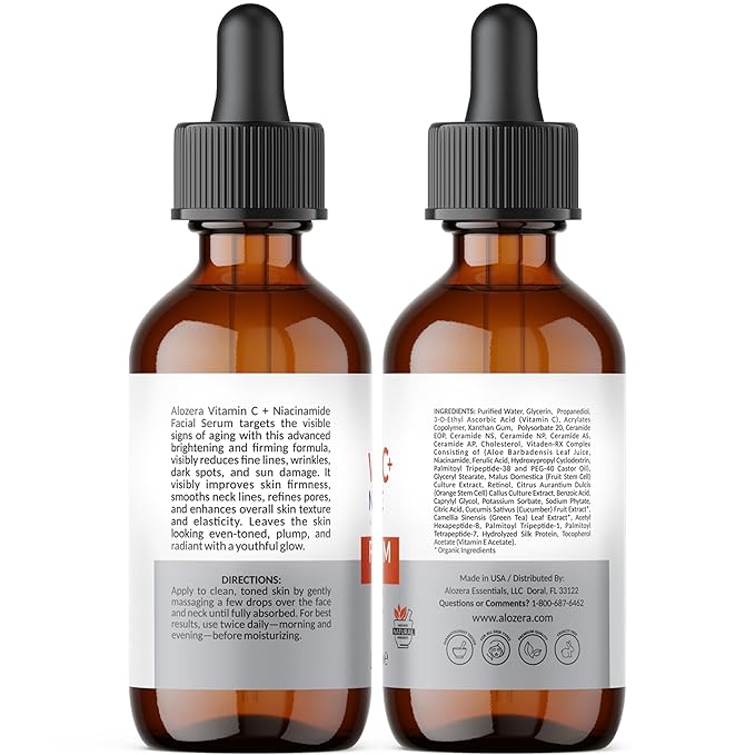 Alozera Vitamin C Facial Serum with Niacinamide & Ferulic Acid, Anti-Aging Serum for Visible Brightening, Glowing & Radiant Skin, Concentrated, Gentle & Effective, Day & Night